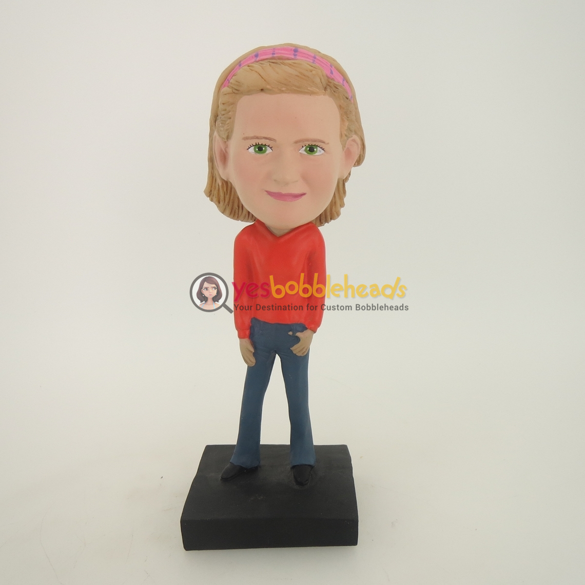 Picture of Custom Bobblehead Doll: Girl In Orange Dress And Blue Jeans